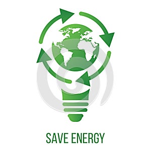 Ecology concept with light bulb, earth and arrows. Save energy icon sign symbol. Recycle logo. Vector illustration for any design