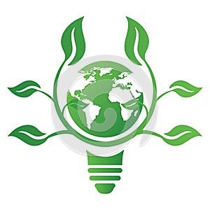 Ecology concept with light bulb, earth and leaves. Save energy icon sign symbol. Recycle logo. Vector illustration for any design