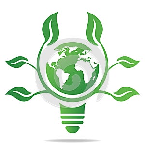 Ecology concept with light bulb, earth and leaves. Save energy icon sign symbol. Recycle logo. Vector illustration for any design