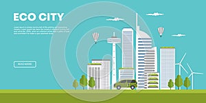 Ecology concept. Modern city and developed agriculture. Green eco city flat cartoon vector illustration isometric natural energy