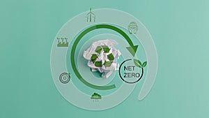 Ecology concept with paper ball trash and green recycle symbol.Zero waste, net zero concept. Carbon neutral. Climate-neutral long-