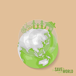 Ecology concept. Paper cut of family on green background. Vector illustration
