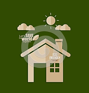 Ecology concept. Paper cut of House on green background. Vector