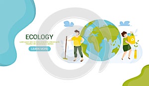 Ecology concept. People take care about planet ecology. Protect nature and ecology banner. Earth day Globe with trees