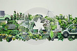 Ecology concept with recycle sign and green cityscape background. 3D Rendering.