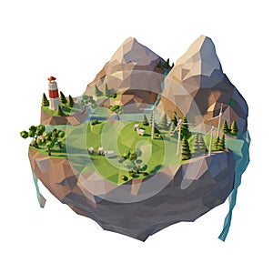 Ecology concept renewable green energy in 3d low poly style. Floating island wind turbine. Mountain with river and trees. 3d