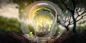 Ecology concept with tree growing inside light bulb with AI generated.