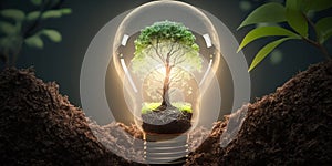 Ecology concept with tree growing inside light bulb with AI generated.