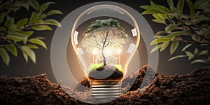 Ecology concept with tree growing inside light bulb with AI generated.