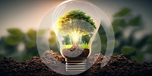 Ecology concept with tree growing inside light bulb with AI generated.