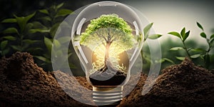 Ecology concept with tree growing inside light bulb with AI generated.
