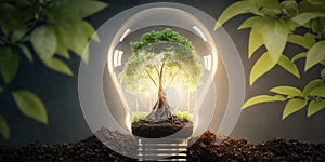Ecology concept with tree growing inside light bulb with AI generated.