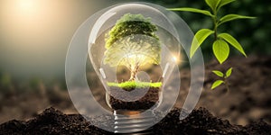 Ecology concept with tree growing inside light bulb with AI generated.