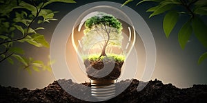 Ecology concept with tree growing inside light bulb with AI generated.