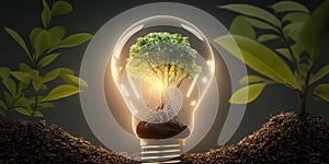 Ecology concept with tree growing inside light bulb with AI generated.