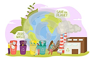 Ecology concept, vector illustration. Zero waste for eco environment, recycling pollution for save green earth. Recycle