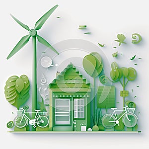 Ecology concept with windmill, house and bicycle Ai generative