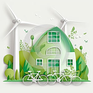 Ecology concept with windmill, house and bicycle Ai generative photo