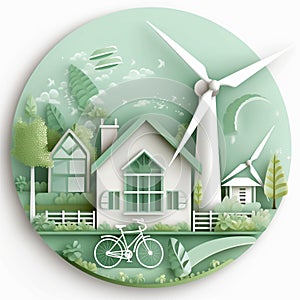 Ecology concept with windmill, house and bicycle Ai generative photo