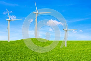 Ecology concept. Windmills, hills and clear sky