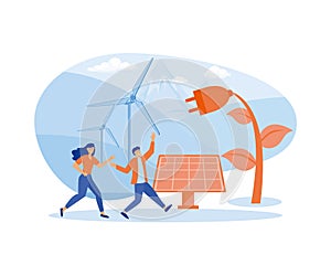 Ecology concept. Young woman and man running near solar panels, wind turbines, rain power.