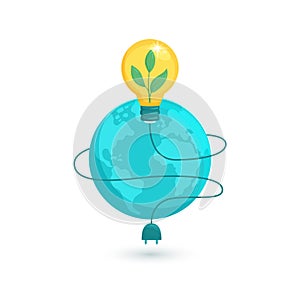 Ecology Concepts, save energy and planet, electric light bulb, earth. Green energy illustration