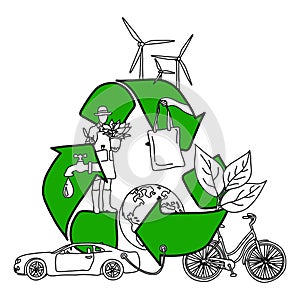 Ecology design concept with green recycle symbol vector illustration sketch doodle hand drawn with black lines isolated on white