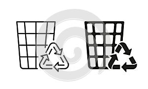 Ecology Dustbin for Garbage Line and Silhouette Icon Set. Recycling Eco Bin. Recycle Grid Basket Symbol Collection on