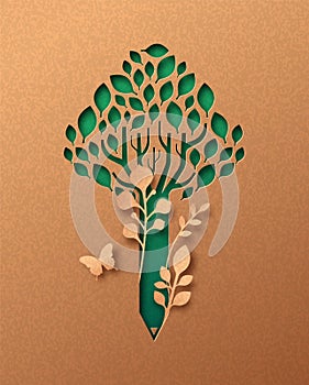 Green pencil tree paper cut education concept