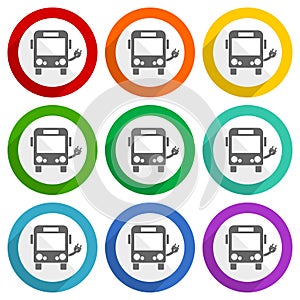 Ecology, electrical bus vector icons, set of colorful flat design buttons for webdesign and mobile applications