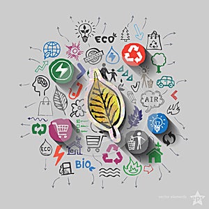 Ecology emblem. Environment collage with icons background