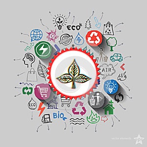 Ecology emblem. Environment collage with icons background