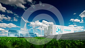 Ecology energy solution. Power to gas concept. Hydrogen energy storage with renewable energy sources - photovoltaic and wind turbi