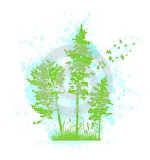 Ecology. Enviroment protection. Green grass and a tree with birds . Vector illustration