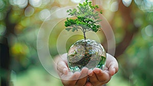 Ecology and environment concept : Close up of human hand holding glass globe with tree in the forest