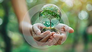 Ecology and environment concept : Close up of human hand holding glass globe with tree in the forest