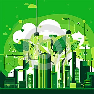 Ecology and environment concept. Green city background. Vector illustration. Generative AI