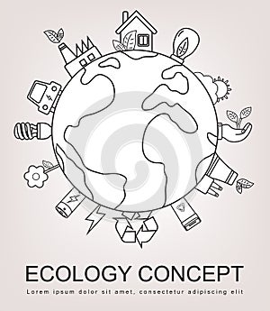 Ecology and environment concept. Green planet with ecology icons. Hand drawn illustration. Vector