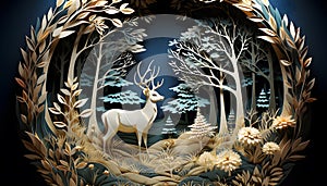 Ecology and environment conservation concept, deers wildlife with forest nature landscape background, paper craft digital art