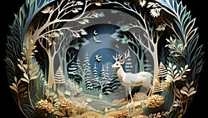 Ecology and environment conservation concept, deers wildlife with forest nature landscape background, paper craft digital art