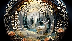 Ecology and environment conservation concept, deers wildlife with forest nature landscape background, paper craft digital art