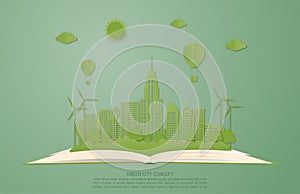 Ecology and environment conservation concept. Green city landscape on open book in paper cut style