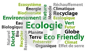 Ecology environment. French language. Vector word cloud.