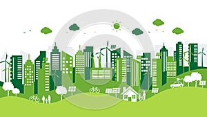 ecology and environment with green city on white background. renewable friendly energy sources. sustainable for billboard or web