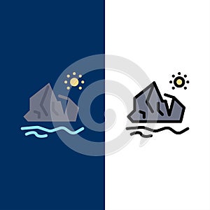 Ecology, Environment, Ice, Iceberg, Melting  Icons. Flat and Line Filled Icon Set Vector Blue Background