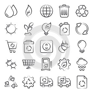 Ecology and Environment Icons in Linear Brush Stroke Style