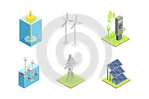 Ecology and Environment Protection and Conservation with Solar Panel, Wind Generator and Electric Charge Stand Isometric