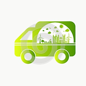 Ecology and Environmental Cityscape Concept,Car Symbol With Green Leaves Around Cities