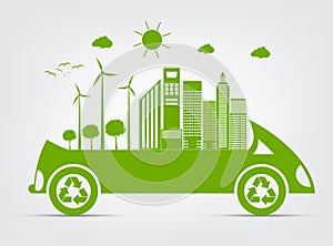 Ecology and Environmental Cityscape Concept,Car Symbol With Green Leaves Around Cities Help The World With Eco-Friendly Ideas