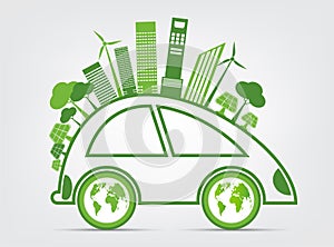 Ecology and Environmental Cityscape Concept,Car Symbol With Green Leaves Around Cities Help The World With Eco-Friendly Ideas